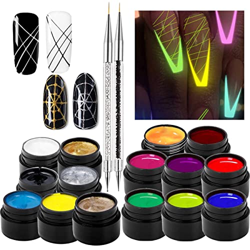 15 Colors Luminous Spider Gel, UV Gel Nail Polish with 2 Nail Art Line Pen DIY Nail Art Drawing Gel for Line Neon Fluorescent Effect Manicure for Halloween Party