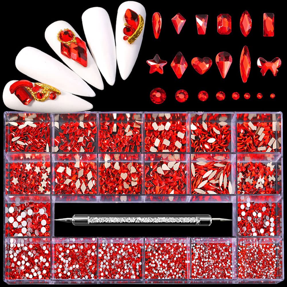 3100Pcs Nail Crystal Rhinestones Kit, Mix Shapes AB Glass, 3D Diamonds Flatback Crystals, with a Drill Pen, Nail Crystal Non Hotfix, Nail Art Decoration (Red)