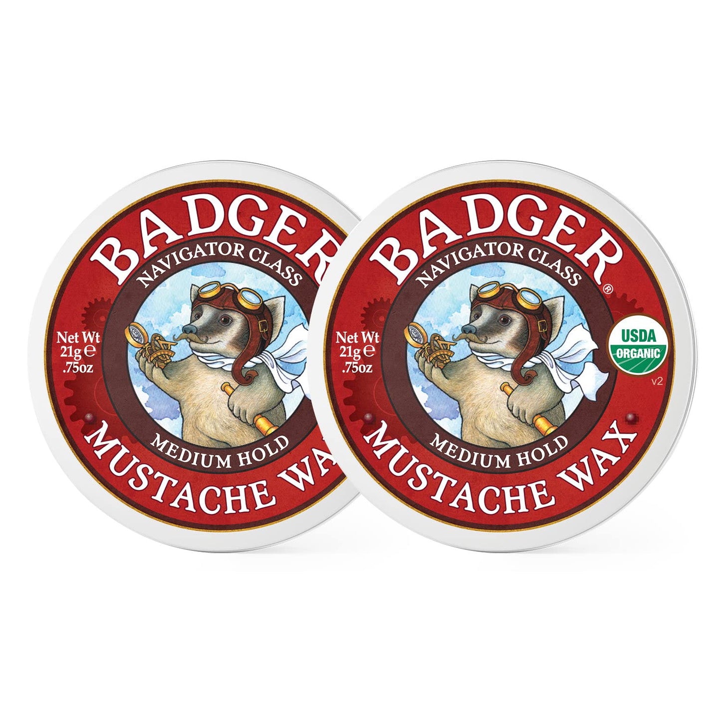 Badger - Mustache Wax, Medium Hold, Natural Mustache Wax, Certified Organic, Styling Facial Hair Wax, Moustache Wax, 0.75 oz (2 Pack)
