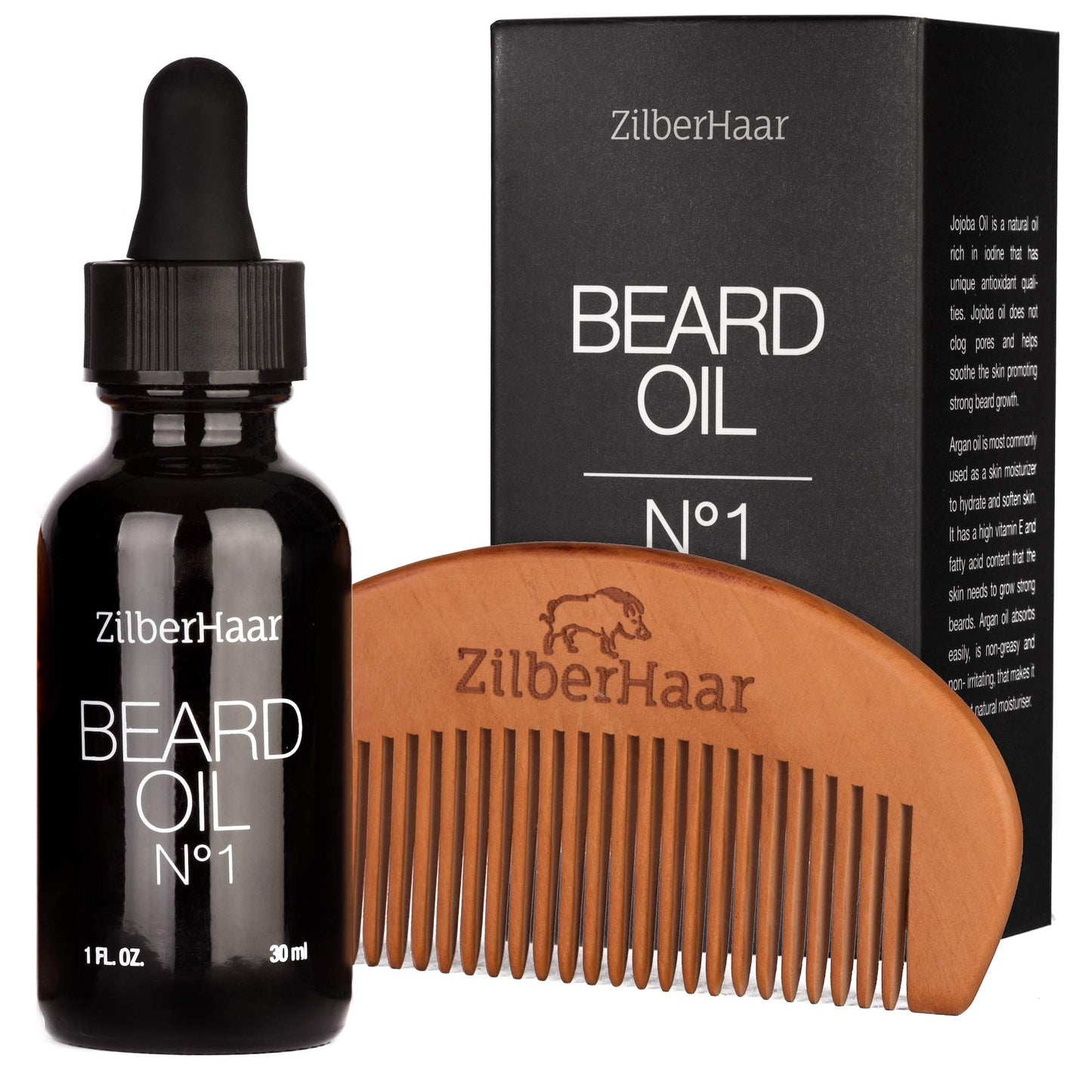 ZilberHaar Beard Oil â„–1 - Pure, Organic Moroccan Argan and Jojoba Oil for Natural Beard Growth and Hydration - 1 oz - Free Beard Comb Gift