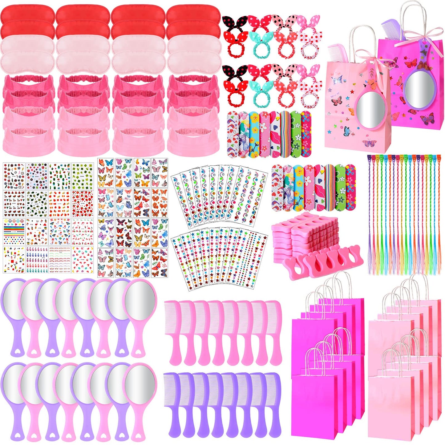 176 Pcs Spa Party Supplies for Girls Multiple Spa Party Favors for Kids Pink Braid Clip Eye Mask Mirror Comb Emery Boards Toe Separator Hairband Nail Sticker Butterfly Tattoo Sticker Pink Gift Bags