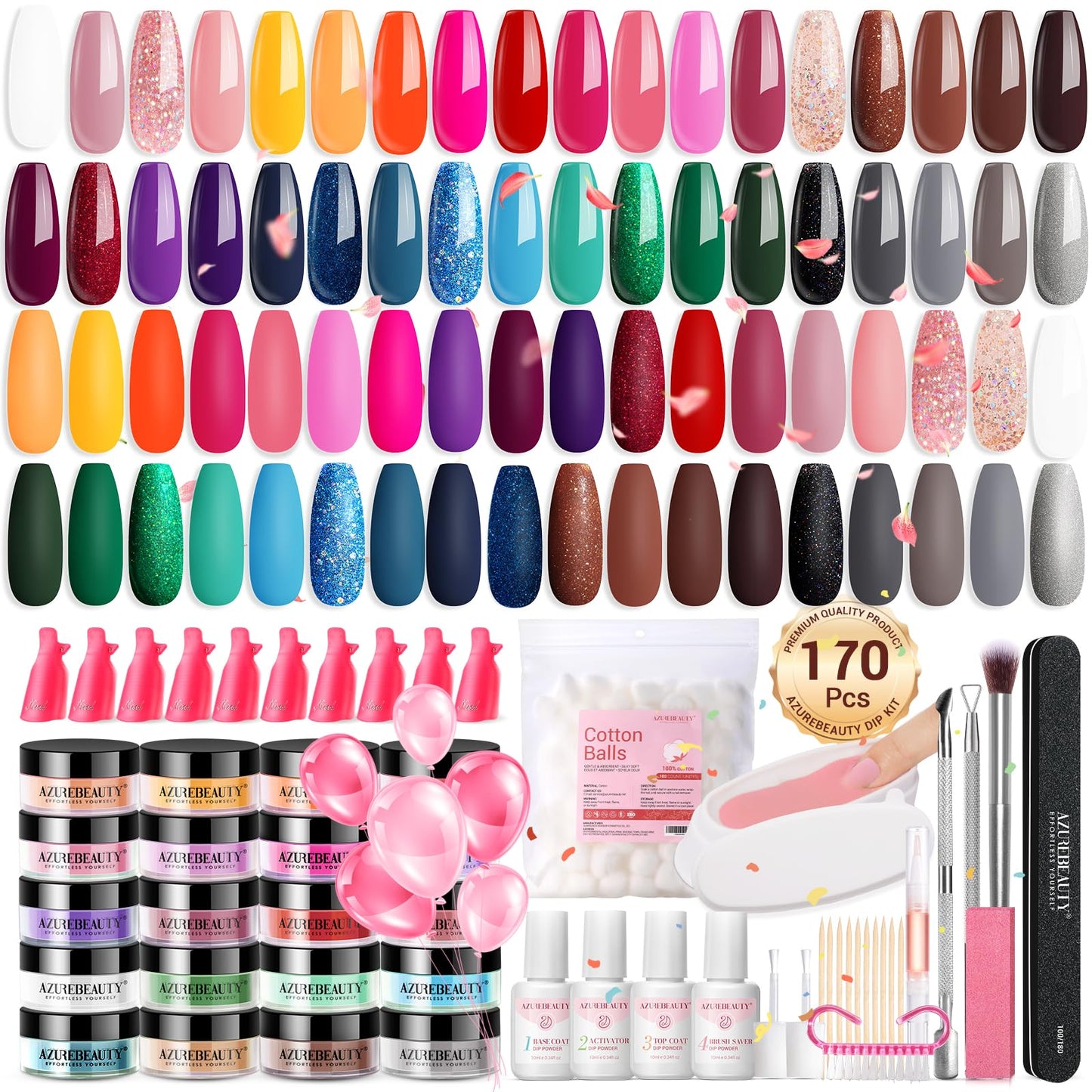 170 Pcs Dip Nails Powder Starter Kit, AZUREBEAUTY 36 Color All Color Series Dip Powder Nail Kit with Essential Liquid and Complete Tool Set Removel Kit for French Nail Art Manicure Salon DIY Home