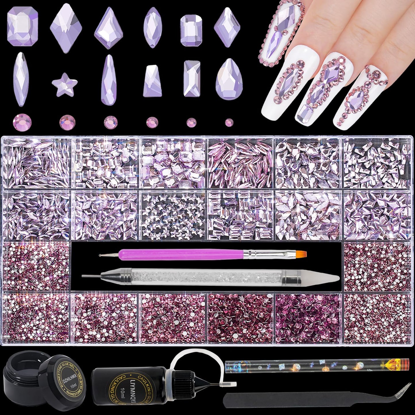 4300Pcs Crystal Nail Rhinestones Kit,Crystal Pink Glass AB Rhinestone Multi Shape Beads Flatback Glass Gems Stones with Nail Glue and Gel,pen brush tweezers and pickup brush for natural acrylic nails
