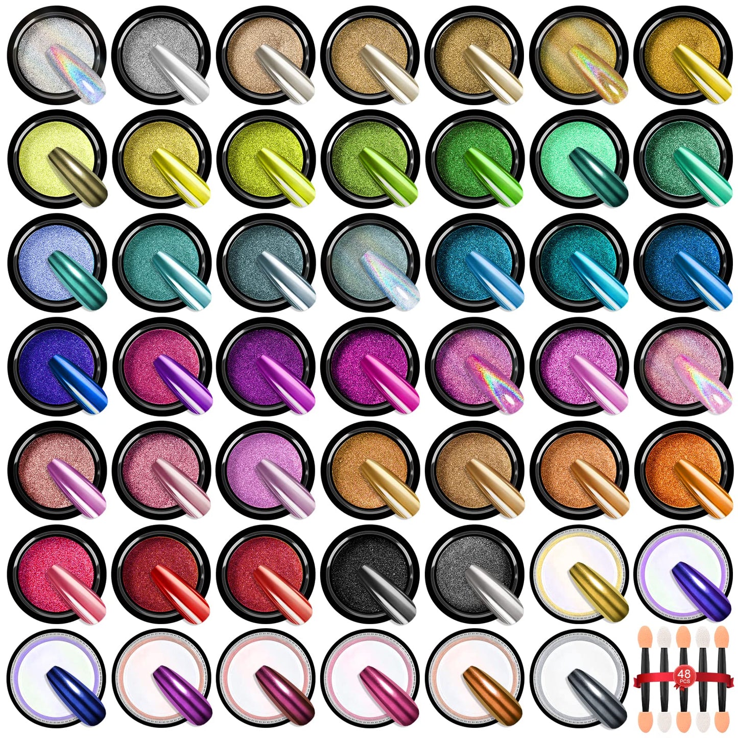 48Pcs Saviland Chrome Nail Powder Set - Mirror Metallic Gold Chrome Nail Powder Holographic Mermaid Purple Green Nail Chrome Powder for Gel Nails French DIY Manicure Nail Art Decoration Gift for Women