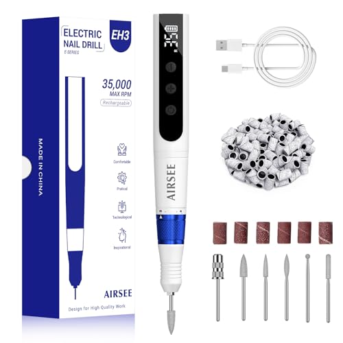 AIRSEE Cordless Electric Nail Drill 35000RPM Professional Portable Rechargeable E File Kit Efile Machine Filer for Acrylic Polish Gel Removal Manicure Remover Tool with 6 Bits and 50 Sanding Bands EH3