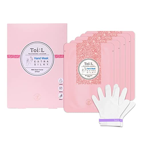 Toi:L Extra Silky Hand Mask 5 Pairs, Moisturizing Gloves for dry hands, Premium Hand spa Treatment, Moisturizing, brightening and Repairing for rough & damaged hands(Pearl+Green Caviar) (box)
