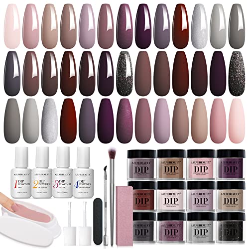 AZUREBEAUTY Dip Powder Nail Starter Kit, Nude Pink Brown Grey Dipping Powder 20 Dark/Light Trend Colors Set Recycling Tray Liquid Top/Base Coat Activator for French Nail Art Manicure Salon 31 PCS