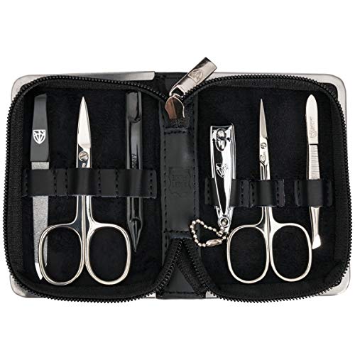 3 Swords Germany - brand quality 6 piece manicure pedicure grooming kit set for professional finger & toe nail care scissors clipper genuine leather case in gift box, Made in Solingen Germany (6325)