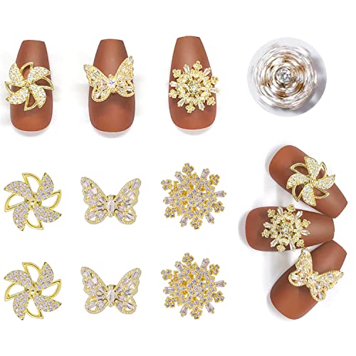 6 pieces Spinning Nail Jewelry for Anti Anxiety Relief for Women 3D Butterfly Windmill Snowflake Nail Charms Chrome Diamond Art Rotating Design Christmas Nail Charms Stress Relief Nail Decor, Golden