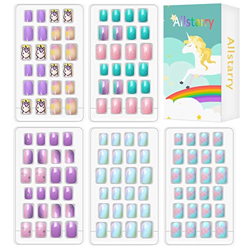 Allstarry 120pcs 5 pack Children Nails Press on Pre-glue Full Cover Glitter Gradient Color Rainbow Short False Nail Kits Lovely Gift for Children Little Girls Nail Art Decoration - Purple Unicorn