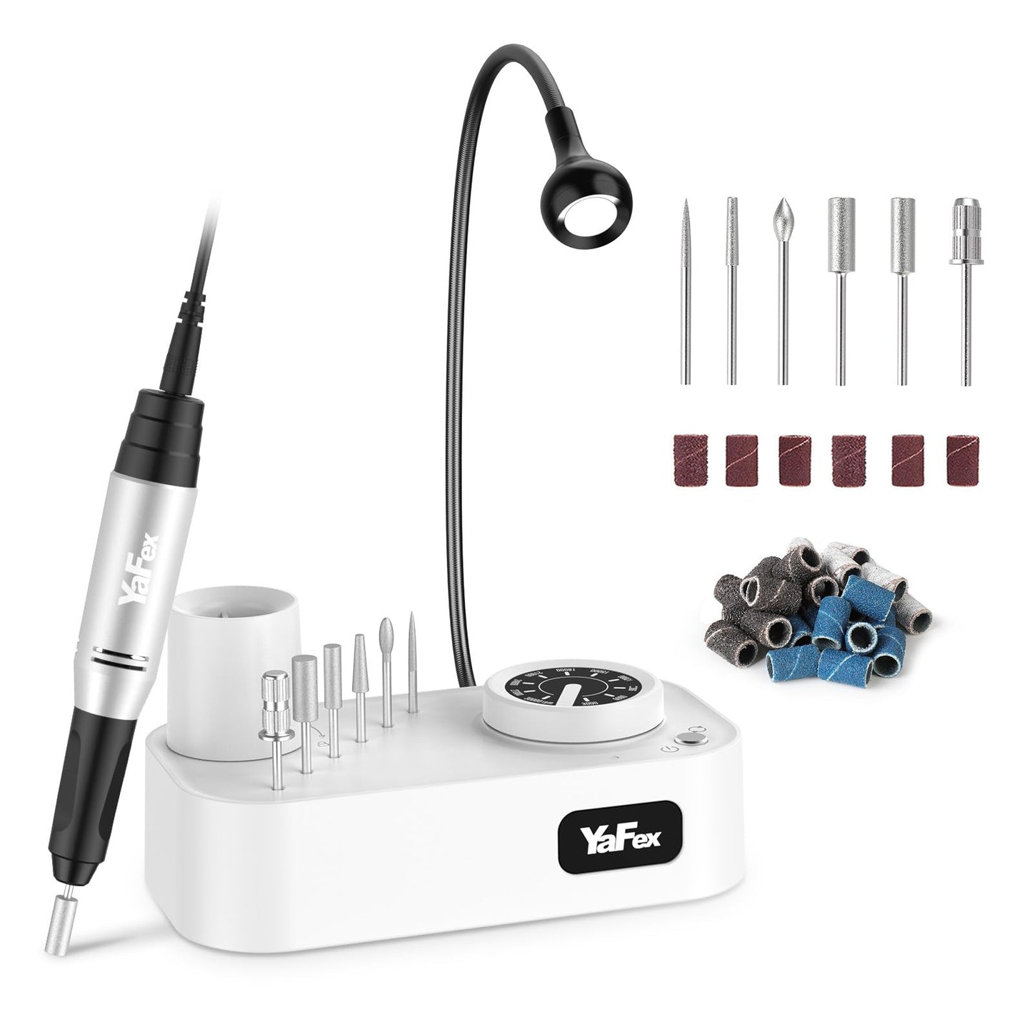YaFex Professional Nail Drill Machine, 30000RPM Electric Nail File Drill for Acrylic Nails, Manicure Pedicure Tool Kit with a LED Lamp, 6 Drill Bits, 36 Sanding Bands for Shaping, Polishing
