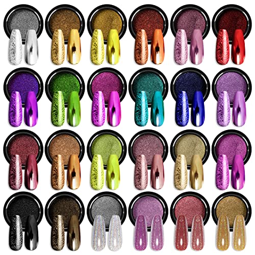 24Pcs Saviland Chrome Nail Powder Set - Metallic Mirror Effect Holographic Nail Powder Silver Red Green Gold Nail Chrome Powder for Nails Art Decoration