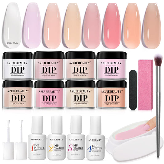 AZUREBEAUTY Dip Powder Nail Kit Starter 8 Translucent Nude White Pink Sheer Neutral Colors, Semi-transparent Natural Clear Dipping Powder Milky Jelly Effect French Nail Art Manicure Salon DIY at Home