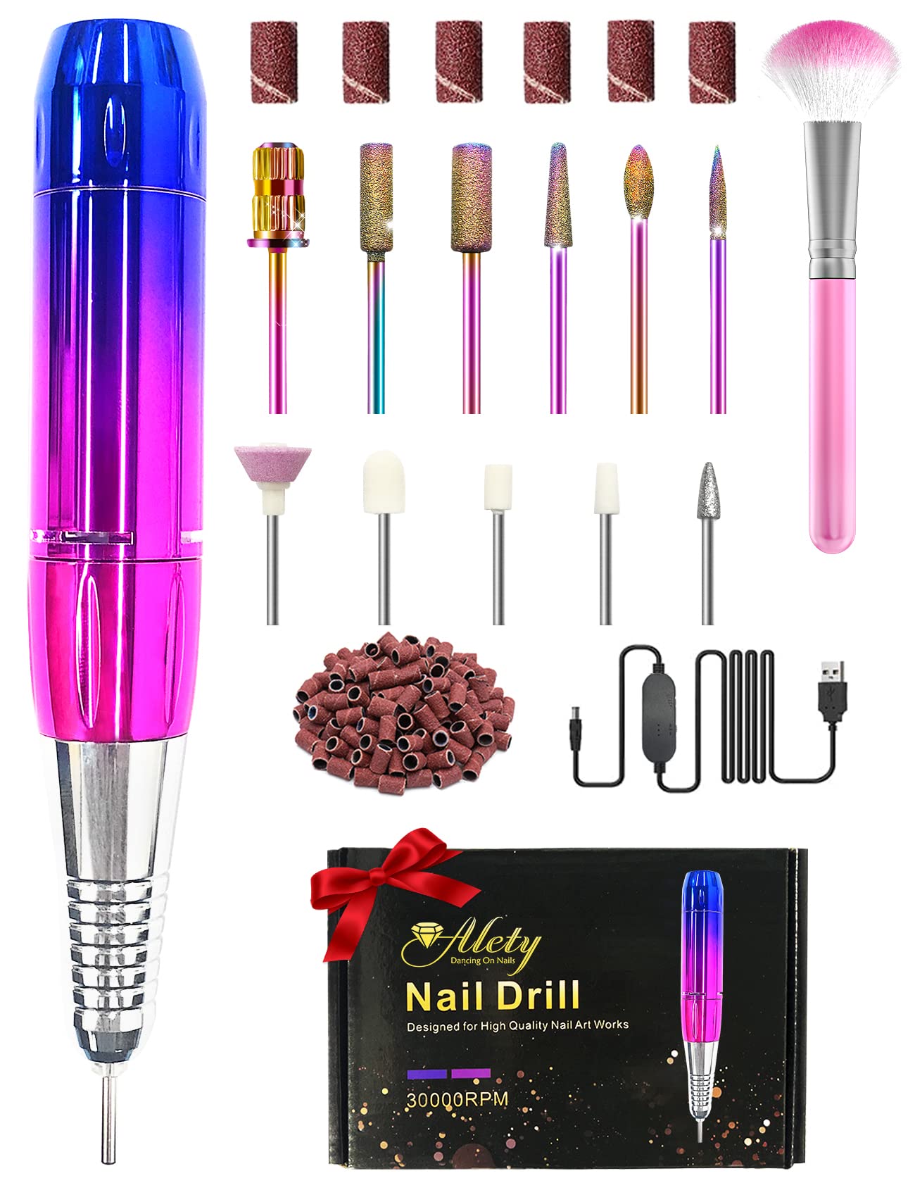Alety Electric Nail Drill, Professional 30000RPM Acrylic Nail Drill Machine 11 in 1 Kit, Portable USB Electric Nail File Efile Set for Acrylic Gel Nail, Manicure Pedicure Tools for Home and Salon
