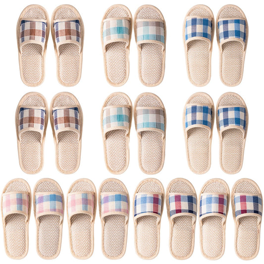 10 Pair House Slippers for Guests Open Toe Breathable Slippers Washable Reusable Home Slippers Indoor Hotel Family Travel Unisex Non Slip Casual Spa Slippers, Plaid Style, 4 Large Size + 6 Medium Size