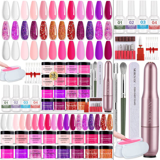 30Pcs Dip Powder Nail Kit Starter-Morovan 18 Colors Dip Powder Pure Glitter Nail Dipping Powder Set with Electric Nail Drill Machine Dipping Powder for Beginners or Professional DIY at Home (Colorful)