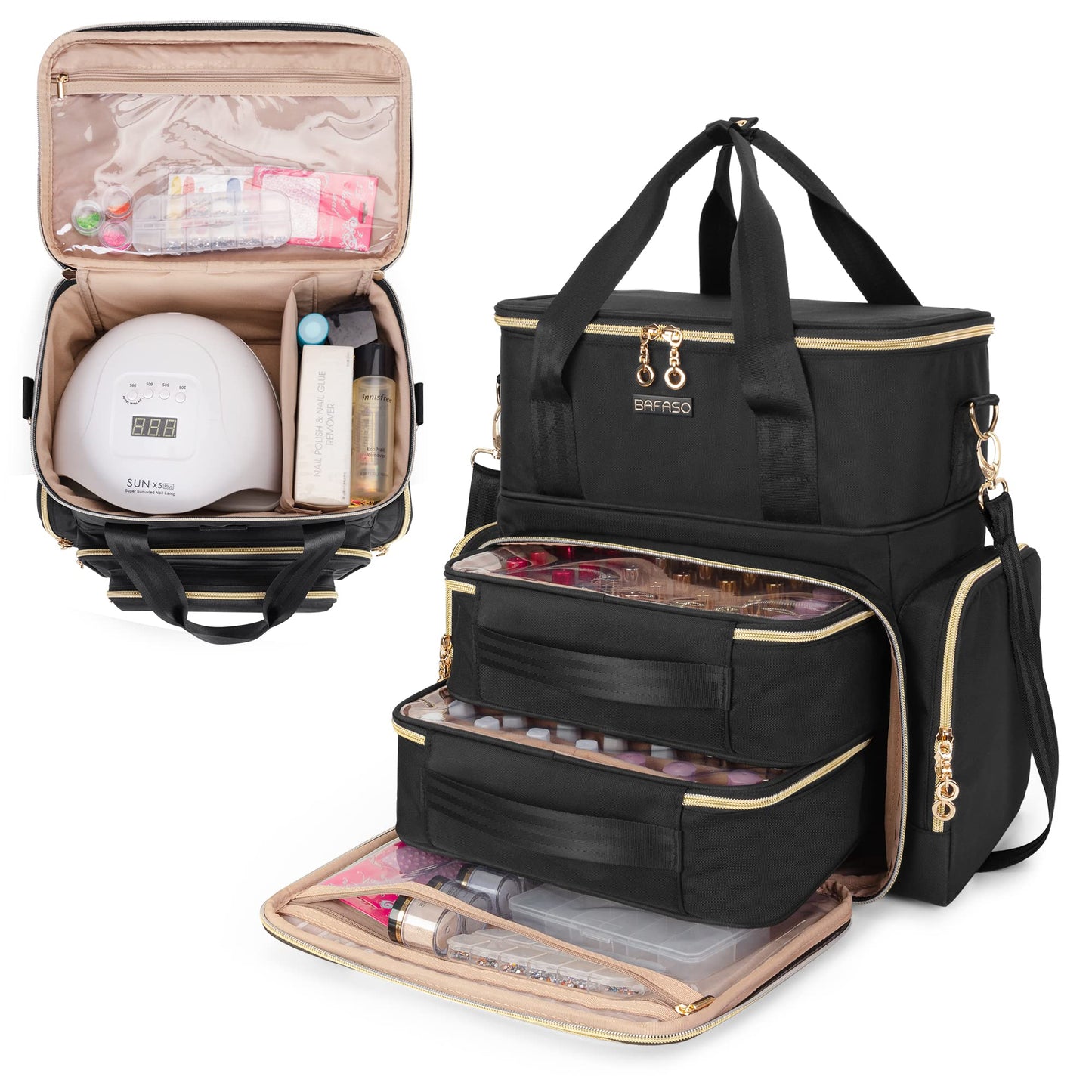 BAFASO Double Layer Nail Polish Organizer Holds 70 Bottles (15ml - 0.5 fl.oz) and a Nail Dryer, Nail Polish Case with 2 Removable Pouches and Tools Storage Sections (Patent Pending), Black