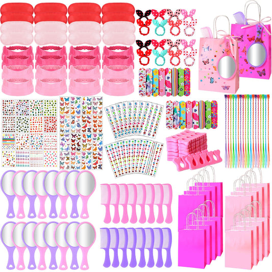 176 Pcs Spa Party Supplies for Girls Multiple Spa Party Favors for Kids Pink Braid Clip Eye Mask Mirror Comb Emery Boards Toe Separator Hairband Nail Sticker Butterfly Tattoo Sticker Pink Gift Bags