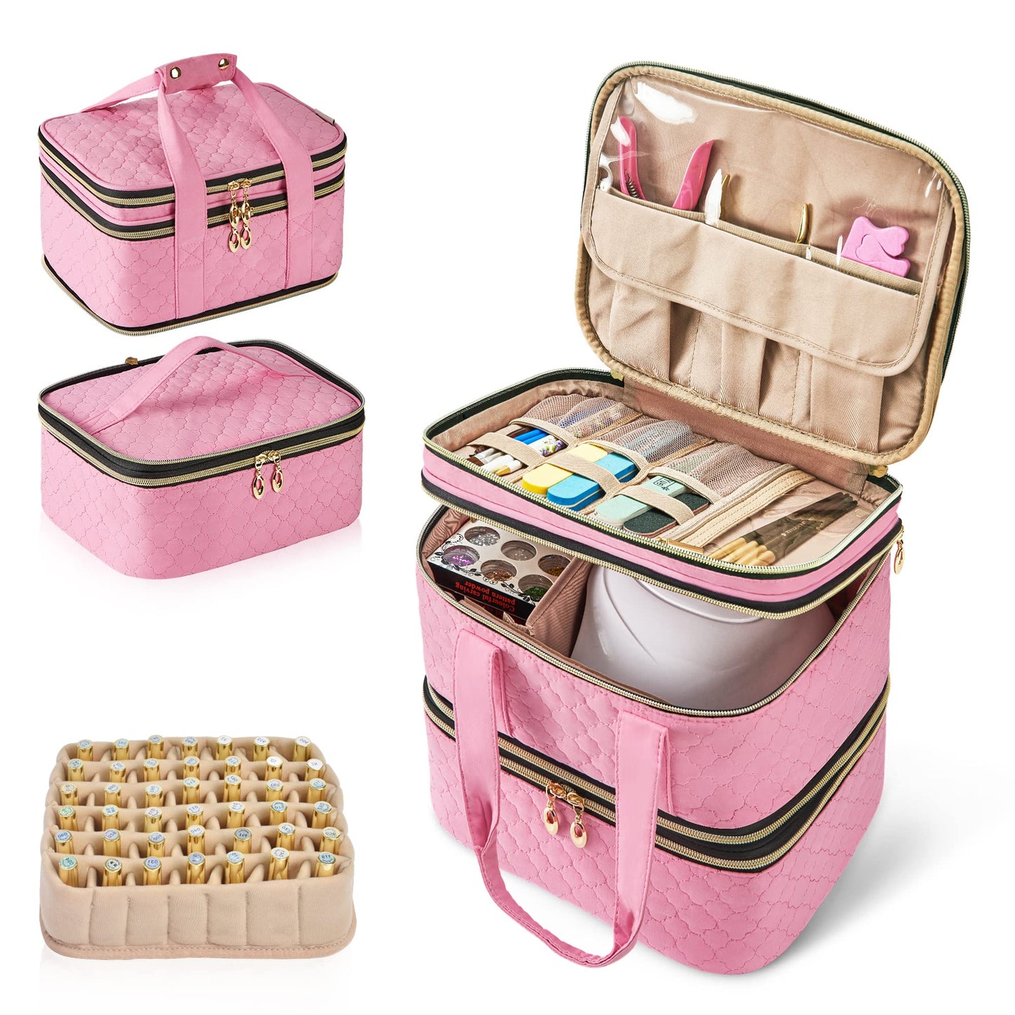 BAGMIND Nail Polish Organizer, Three-Layers Nail Polish Organizer Case with Detachable Nail Machine Compartment, 3 in 1 Portable Nail Polish Holder Organizer Case, Pink