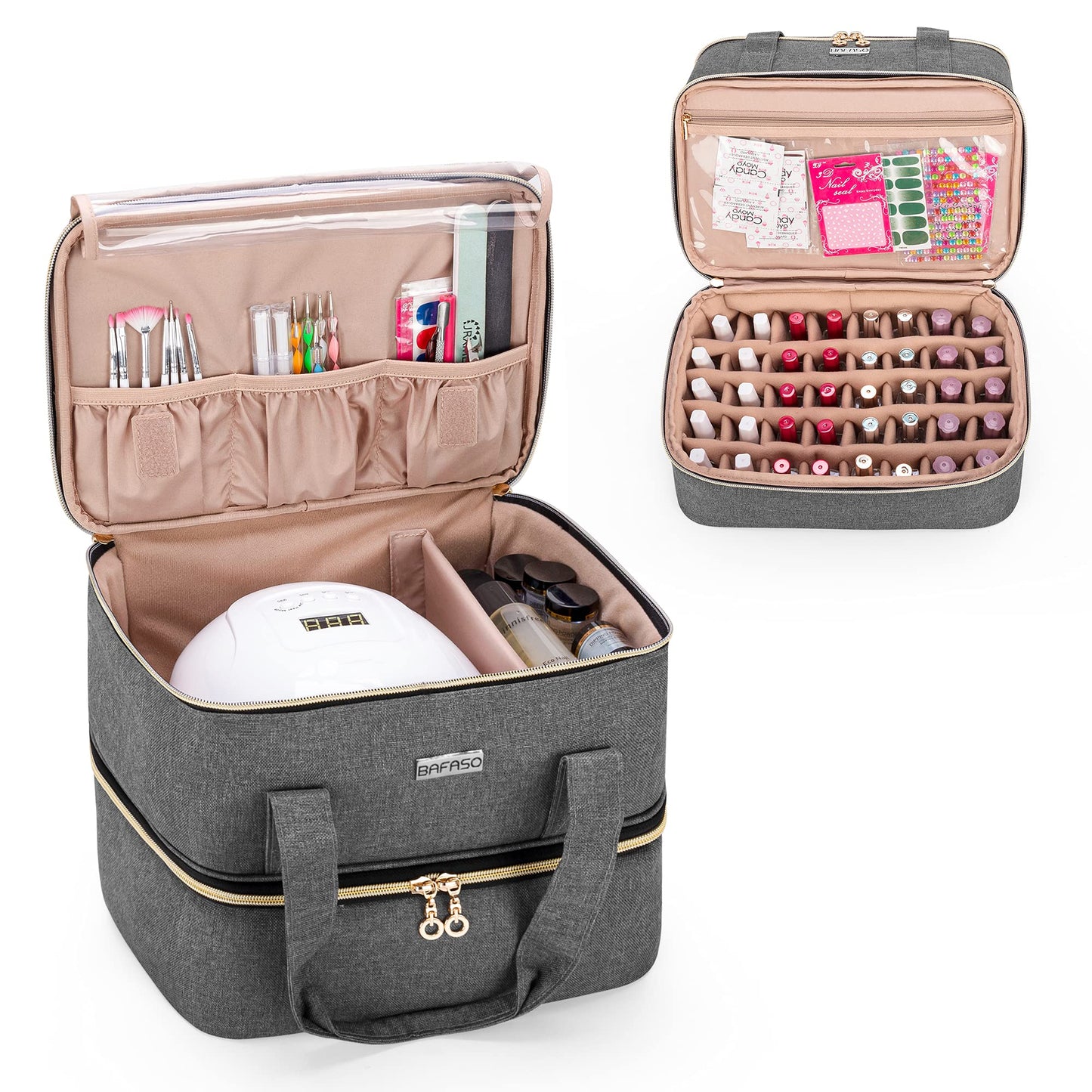 BAFASO Nail Polish Organizer Holds 40 Bottles (15ml - 0.5 fl.oz) and a Nail Lamp, Nail Polish Carrying Case with Manicure Tools Storage Sections (Bag Only), Gray
