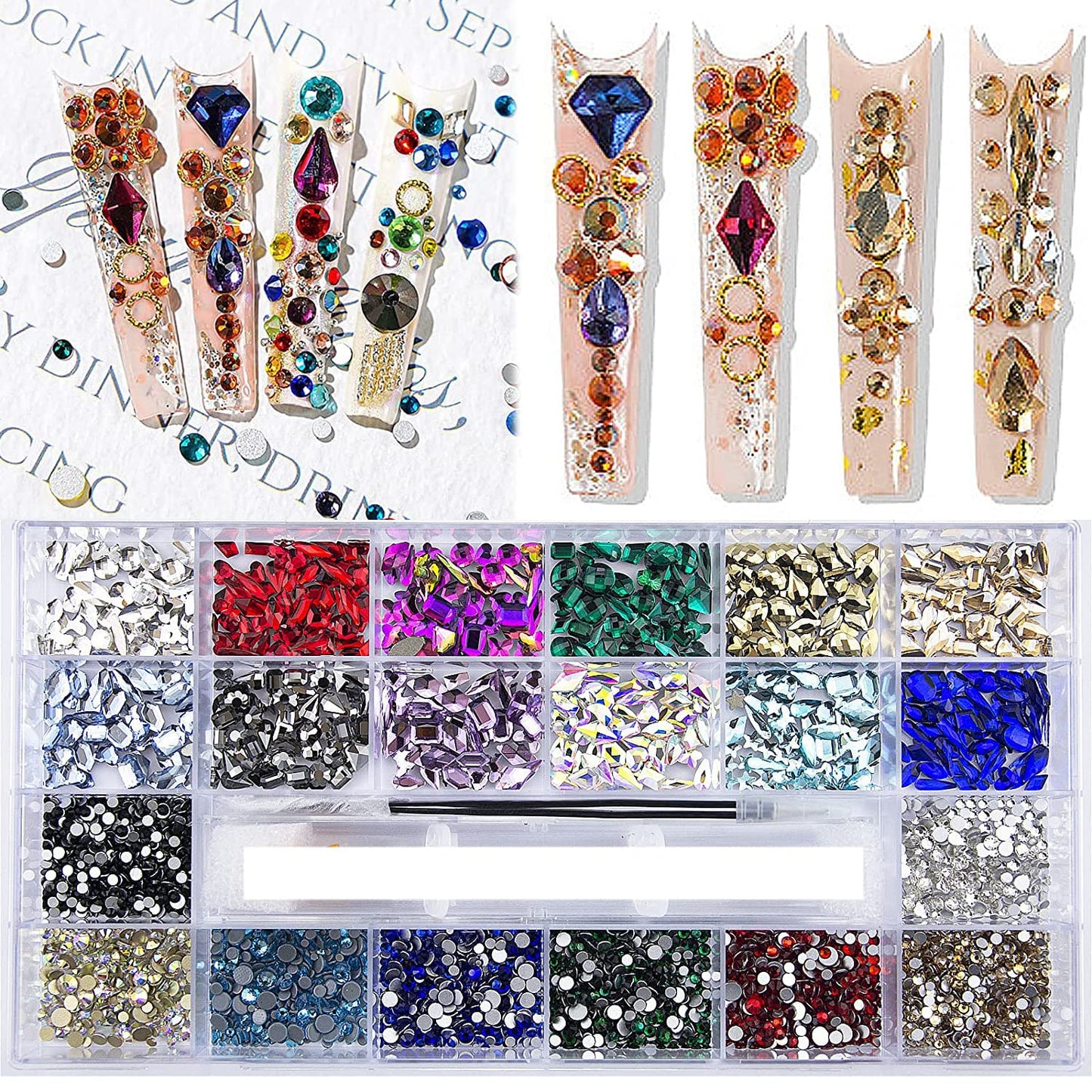 3800Pcs Red Blue Green AB Champagne Gold Black Pink Yellow Multi Shaped Big Nail Rhinestones Crystals Mix Colored Multi Sized Nail Round Beads Glass Gems Rhinestones for Nail DIY Crafts Jewelry