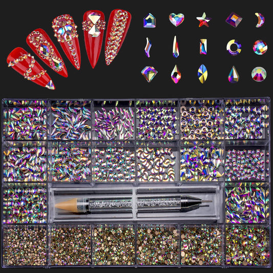 14 Shaped Crystal AB Rhinestones Nail Gems Glass Crystals Diamonds for Acrylic Nails+6 Size Small Flatback Iridescent Nail Bling Gems Stones-Nail Rhinestone Charms Luxury Kit with Wax Pen by HINABTRU
